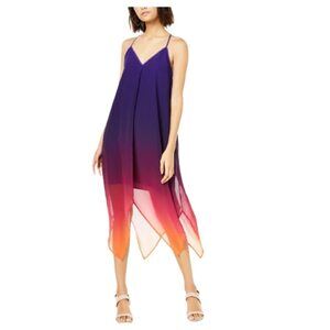 Bar III Women Boho Whimsical Handkerchief-Hem Midi Trapeze Dress Size XL Purple
